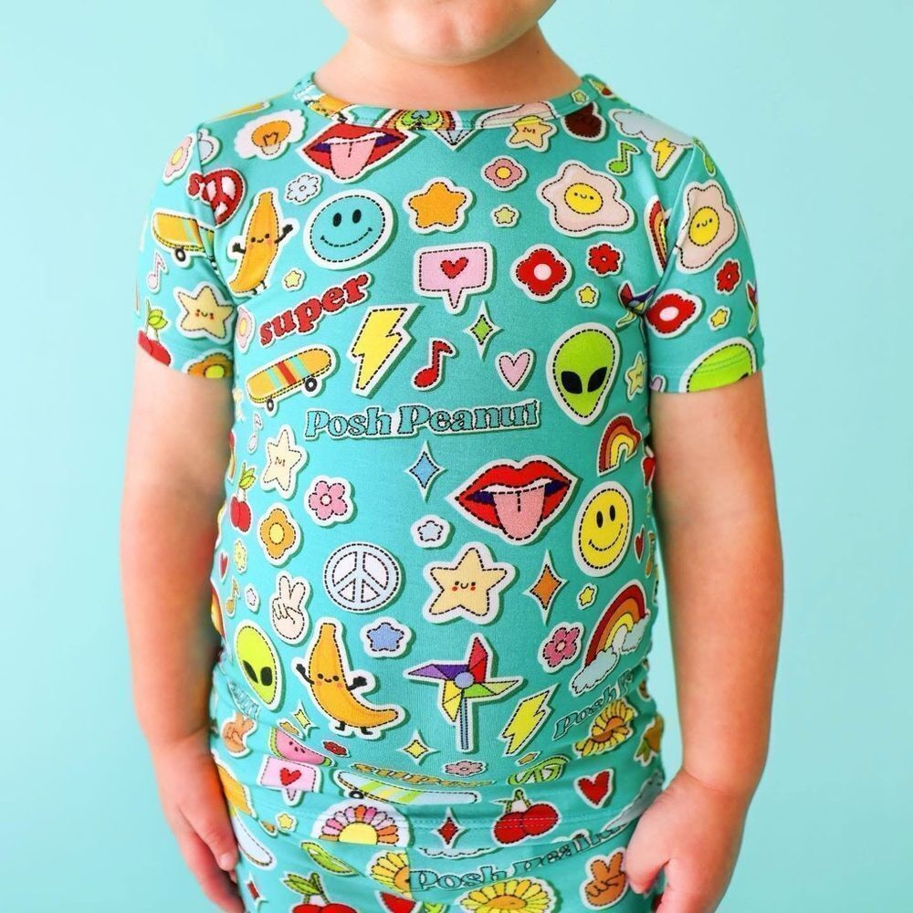 Posh Peanut Kids Teal Colorful Sticker Medley Pajama Top
